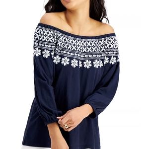 Tommy Hilfiger Boho Embroidered Top Navy SMALL 100% Cotton